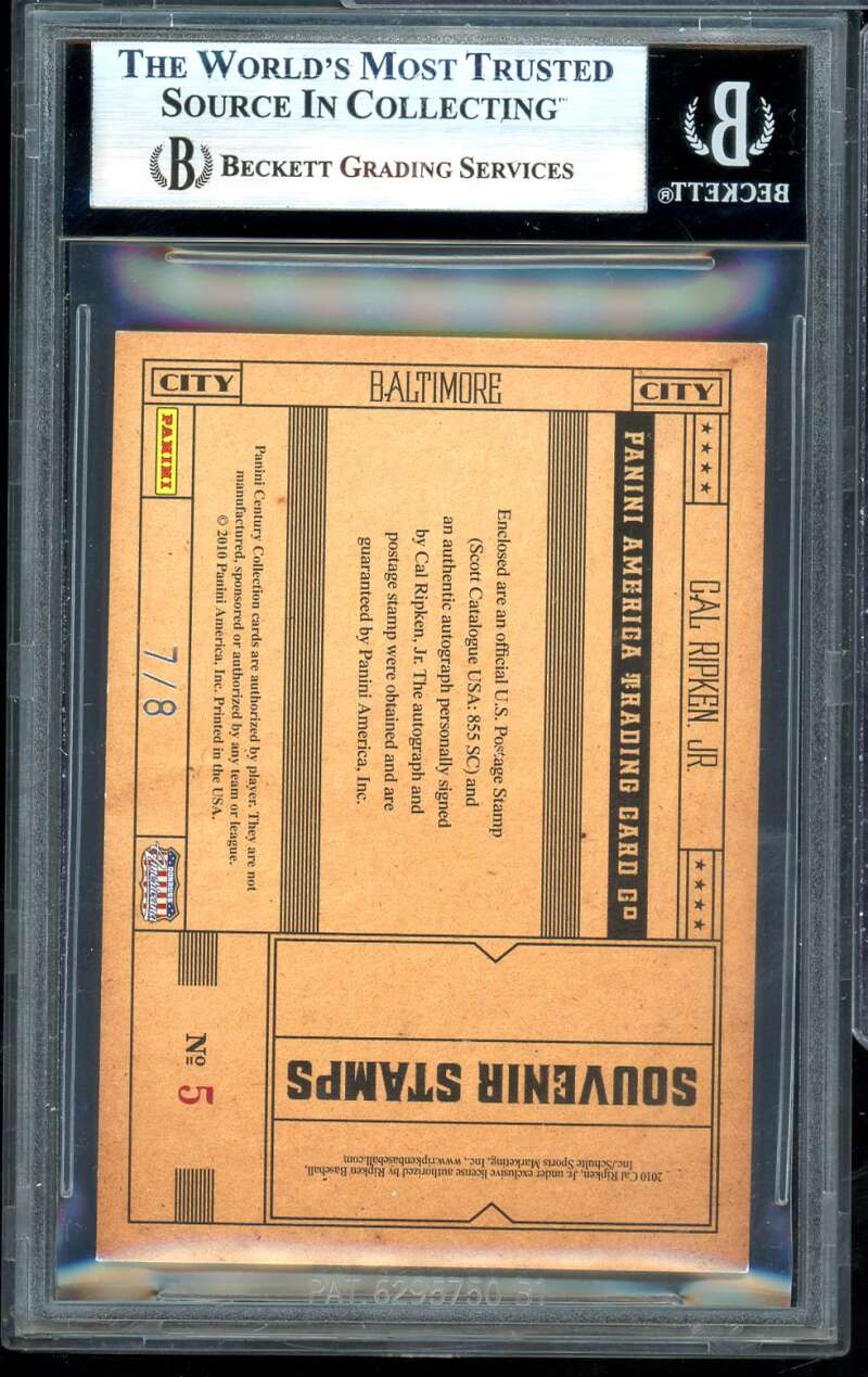 Cal Ripken Jr. 2010 Panini Century Materials Prime Autographs (7 of 8) #5 BGS 7 Image 2