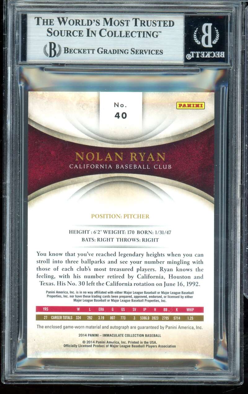 Nolan Ryan 2014 Immaculate Collection Autograph Material (18 of 20) #40 BGS 9 Image 2