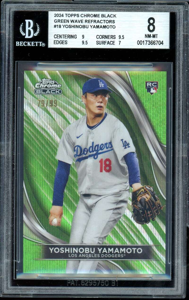 Yoshinobu Yamamoto Rookie 2024 Topps Chrome Black Green Wave Refractor #18 BGS 8 Image 1