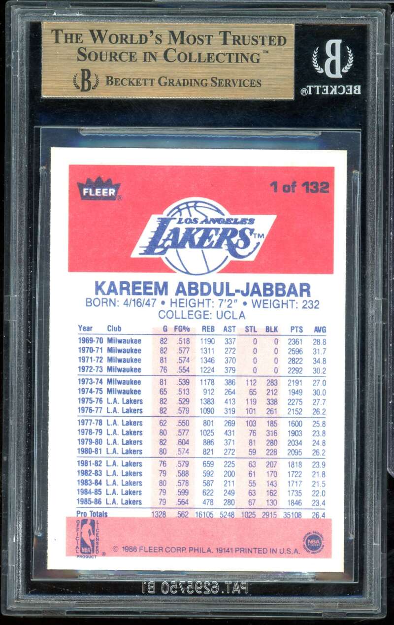 Kareem Abdul-Jabbar Card 1986-87 Fleer #1 BGS 9.5 Image 2