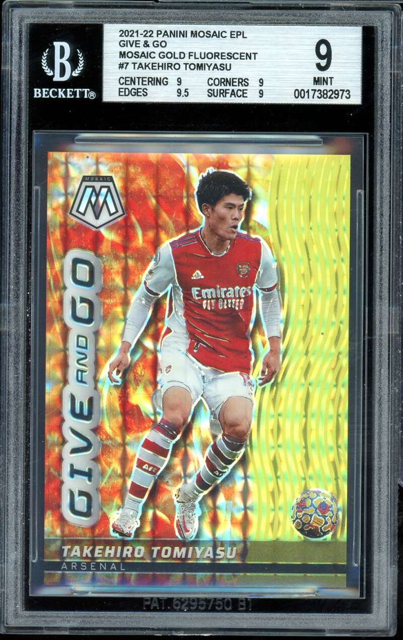 Takehiro Tomiyasu Card 2021-22 Panini Mosaic Gold Fluorescent (2 of 10) #7 BGS 9 Image 1