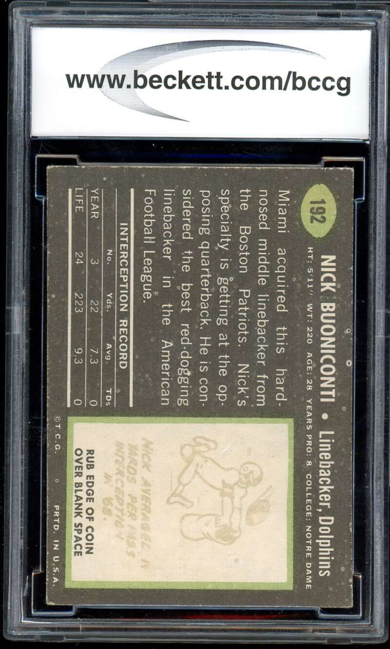 Nick Buoniconti Card 1969 Topps #192 BGS BCCG 8 Image 2