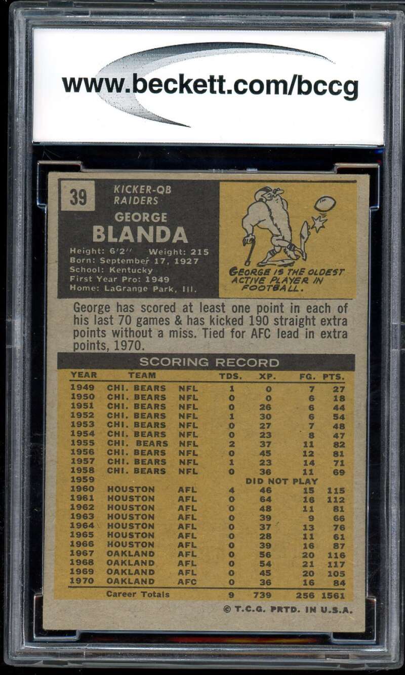 George Blanda Card 1971 Topps #39 BGS BCCG 7 Image 2