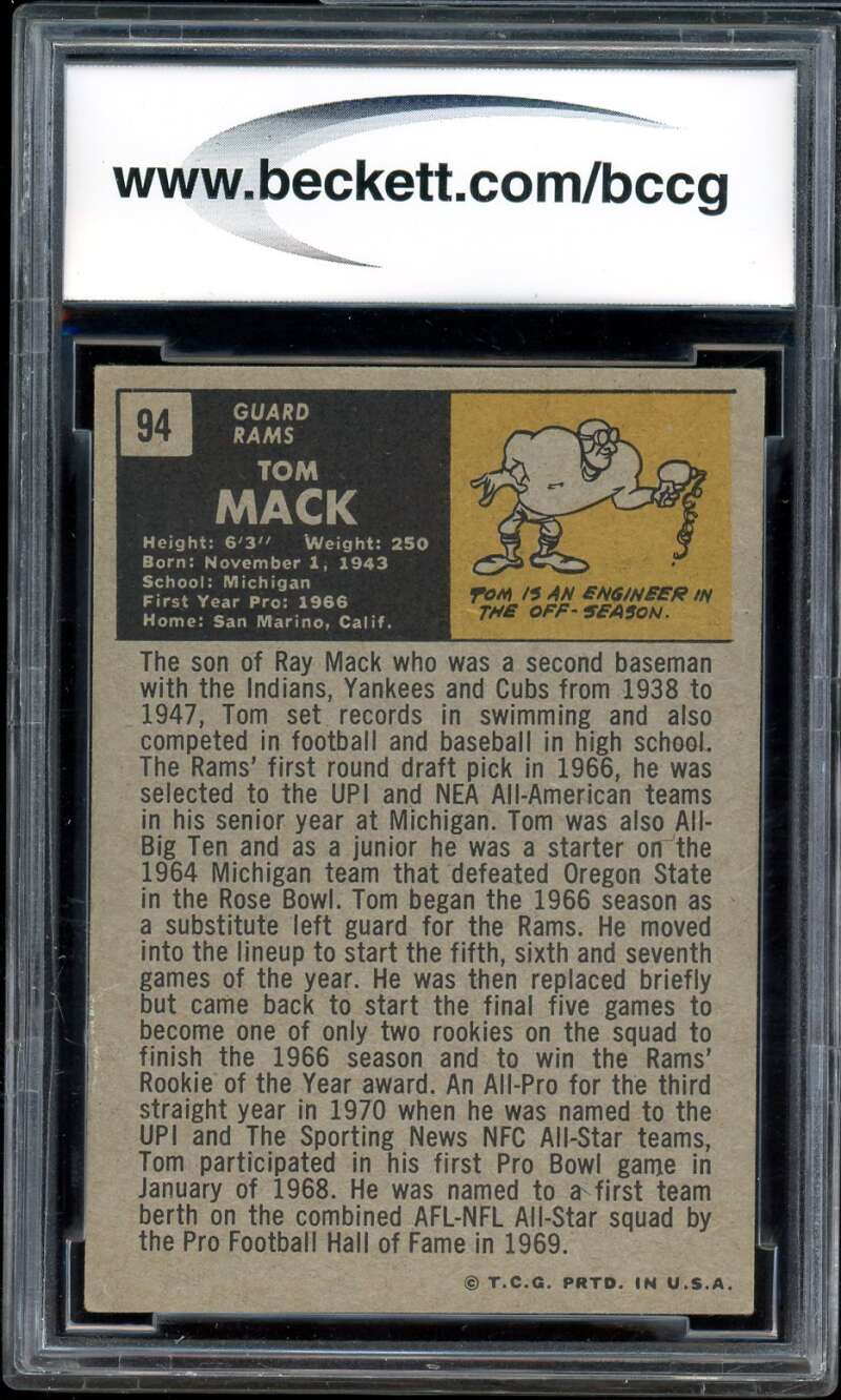 Tom Mack Card 1971 Topps #94 BGS BCCG 8 Image 2