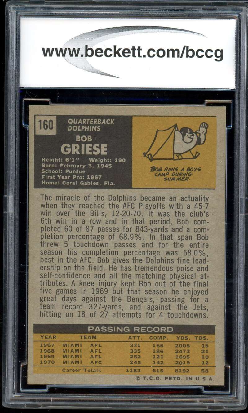 Bob Griese Card 1971 Topps #160 BGS BCCG 8 Image 2