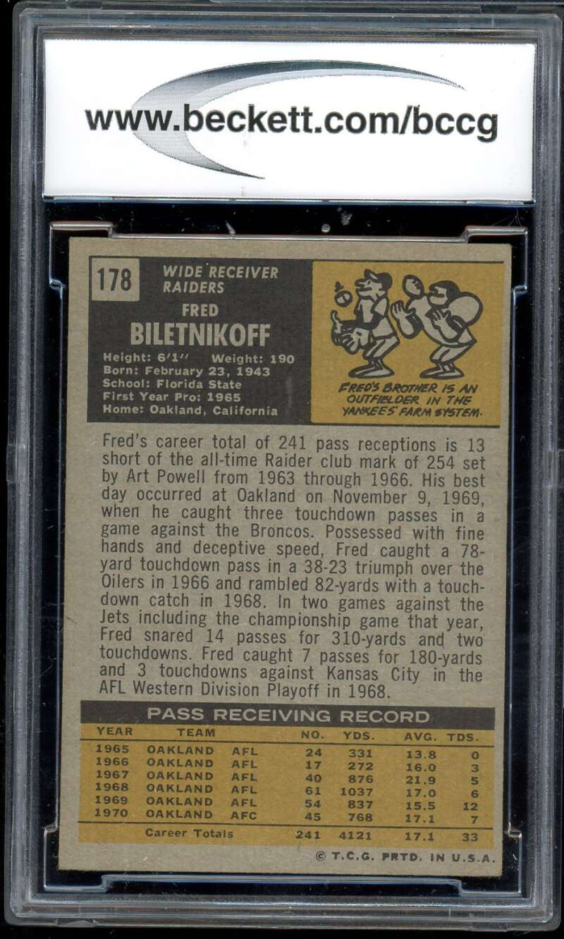 Fred Biletnikoff Card 1971 Topps #178 BGS BCCG 8 Image 2