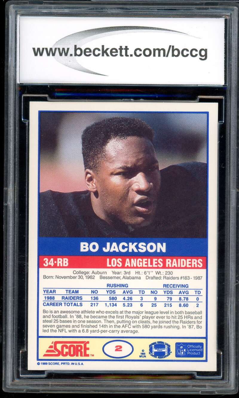 Bo Jackson Card 1989 Score #2 BGS BCCG 10 Image 2