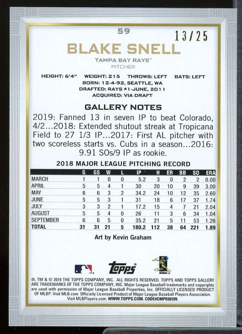 Blake Snell Card 2019 Topps Gallery Orange #59  Image 2