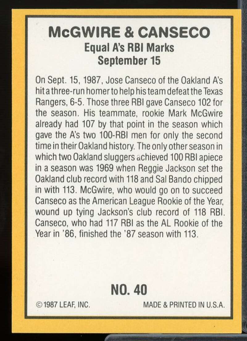Mark McGwire/Jose Canseco Card 1987 Donruss Highlights #40  Image 2