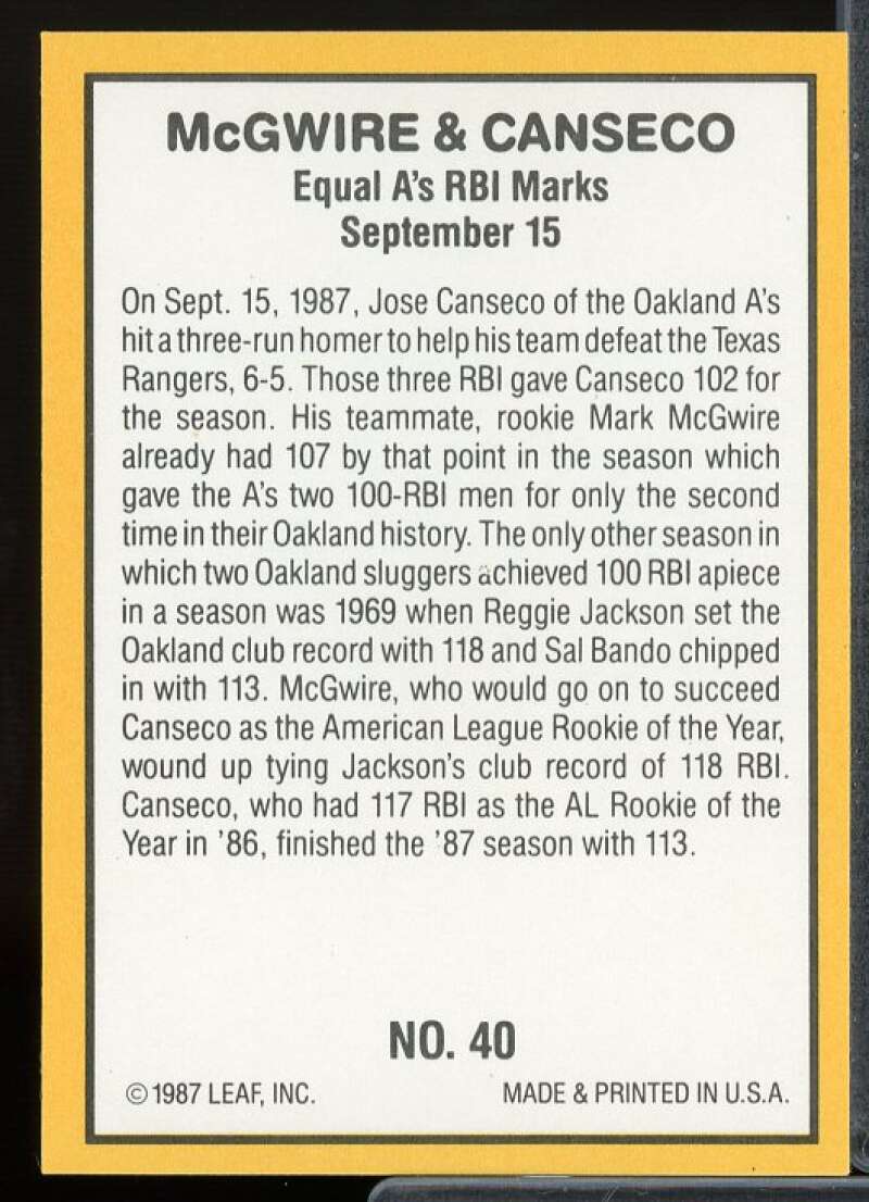 Mark McGwire/Jose Canseco Card 1987 Donruss Highlights #40  Image 2