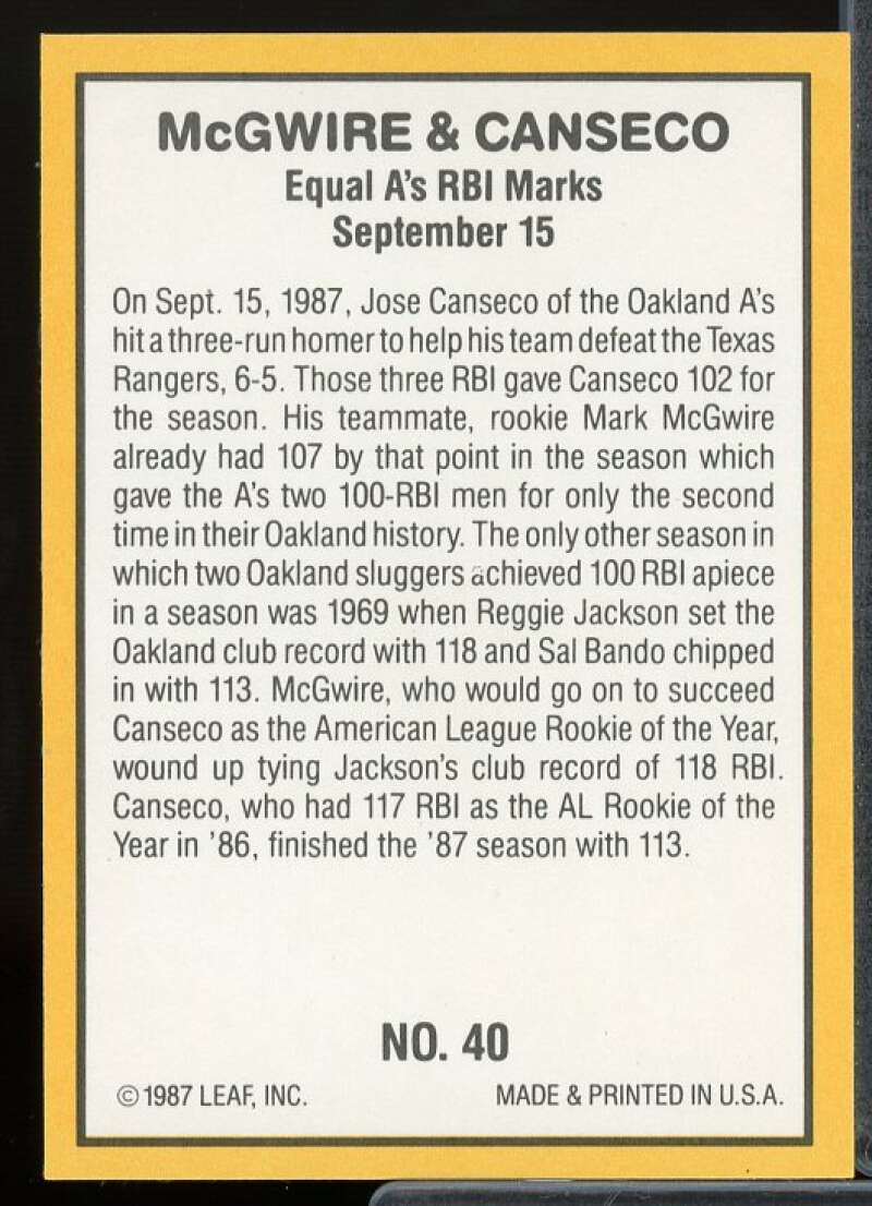 Mark McGwire/Jose Canseco Card 1987 Donruss Highlights #40  Image 2