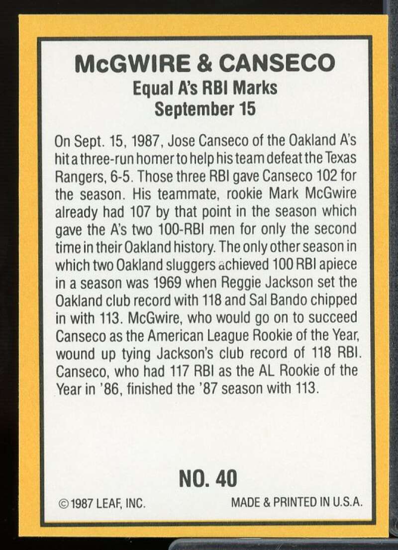 Mark McGwire/Jose Canseco Card 1987 Donruss Highlights #40  Image 2