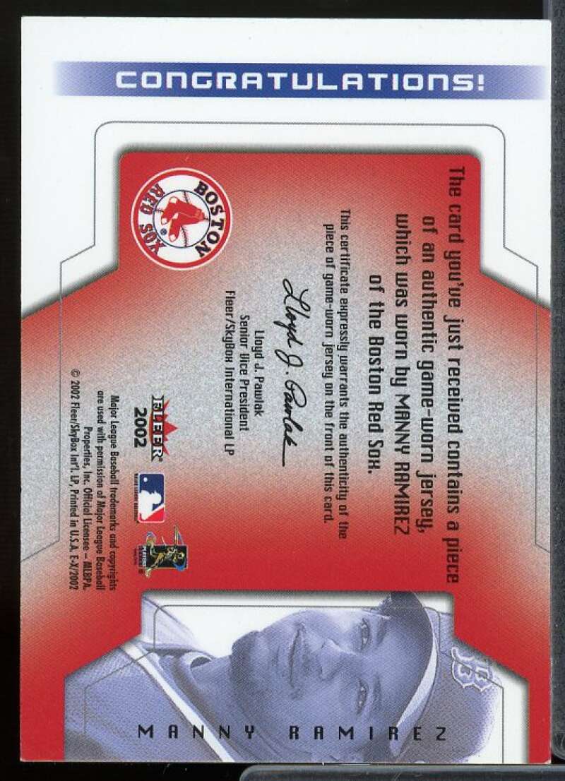 Manny Ramirez Card 2002 E-X Behind the Numbers Game Jersey #19  Image 2
