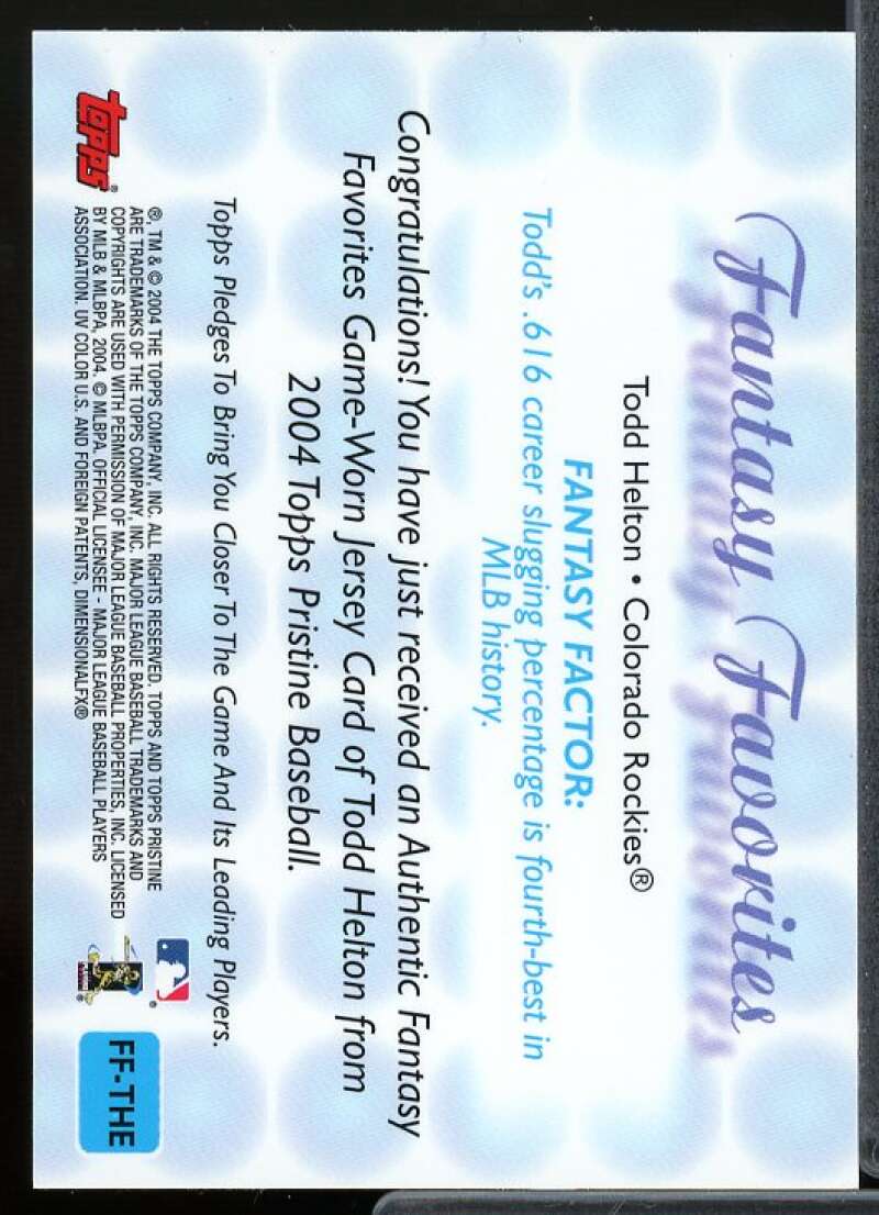 Todd Helton Jsy Card 2004 Topps Pristine Fantasy Favorites Relics #THE  Image 2