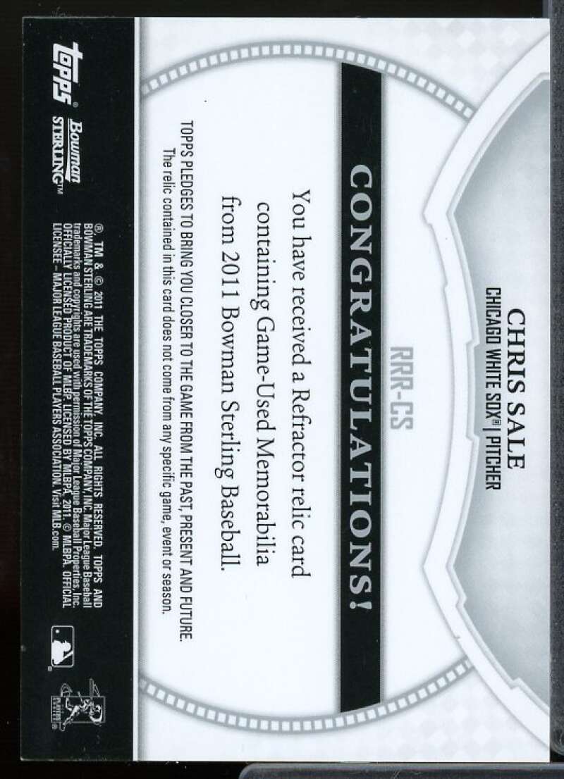Chris Sale Rookie Card 2011 Bowman Sterling Rookie Relics #CS  Image 2