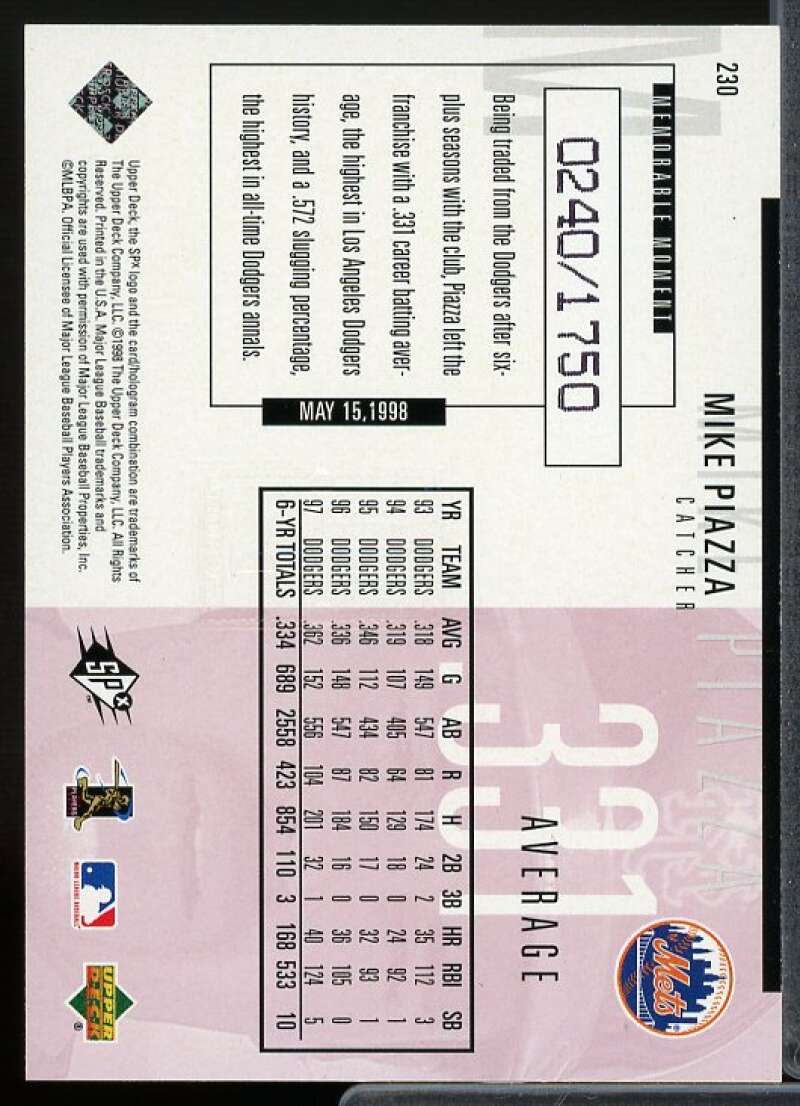 Mike Piazza PP Card 1998 SPx Finite Spectrum #230  Image 2