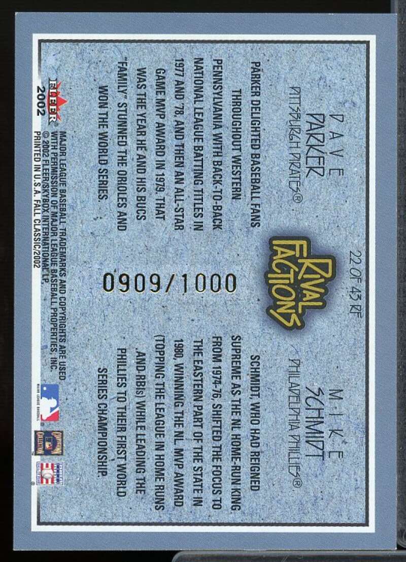 Dave Parker/Mike Schmidt Card 2002 Fleer Fall Classics Rival Factions #22  Image 2