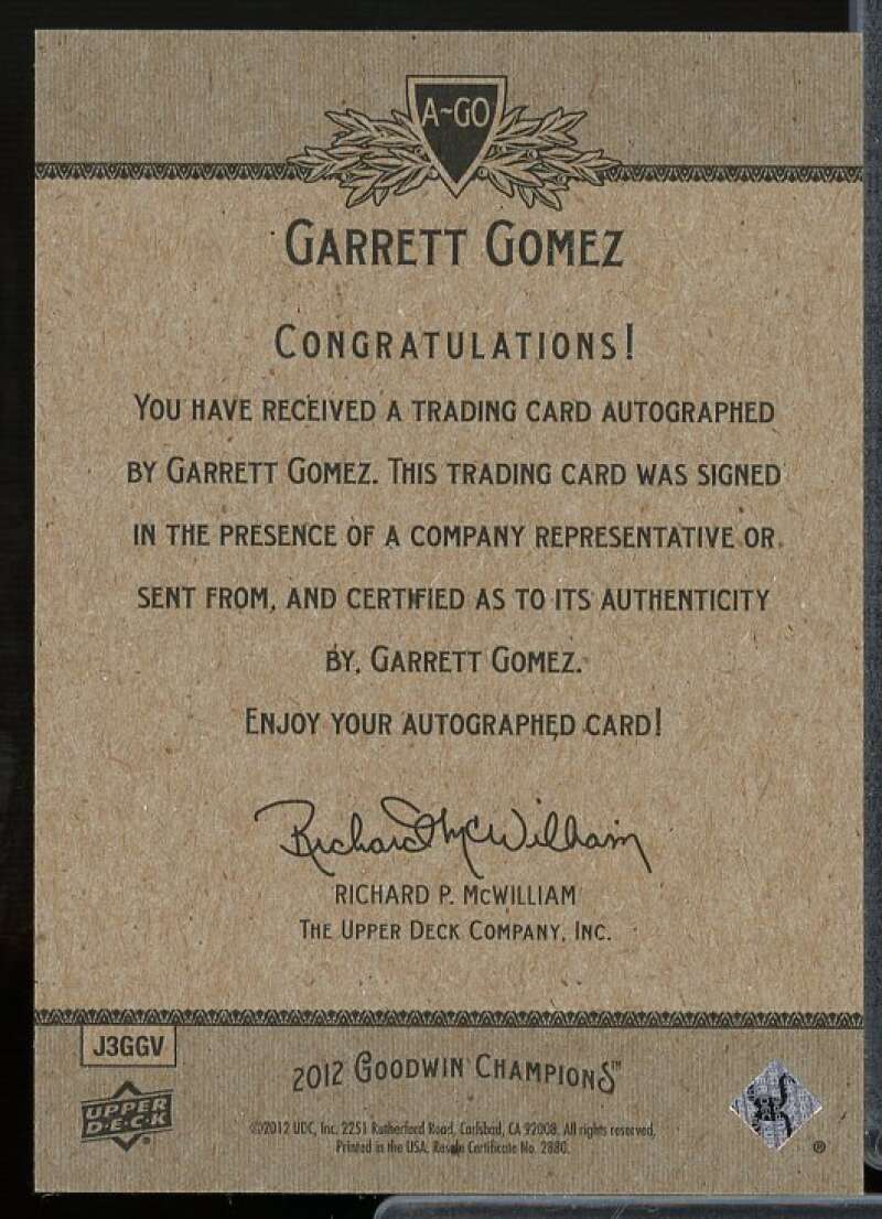 Garrett Gomez E Card 2012 Upper Deck Goodwin Champions Autographs #AGO  Image 2
