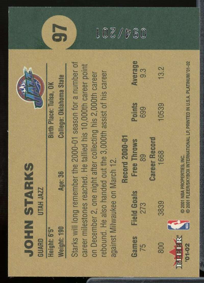 John Starks Card 2001-02 Fleer Platinum Anniversary Edition #97  Image 2