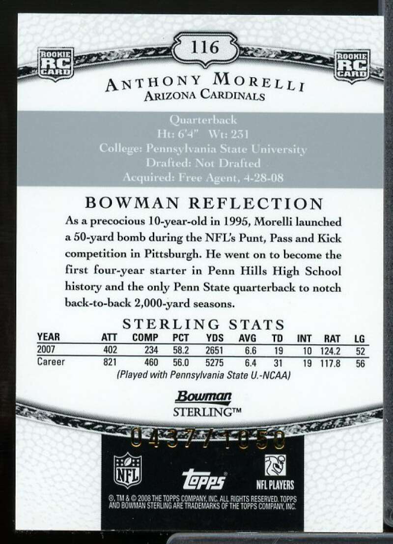 Anthony Morelli Rookie Card 2008 Bowman Sterling Gold Rookie Autographs #116  Image 2