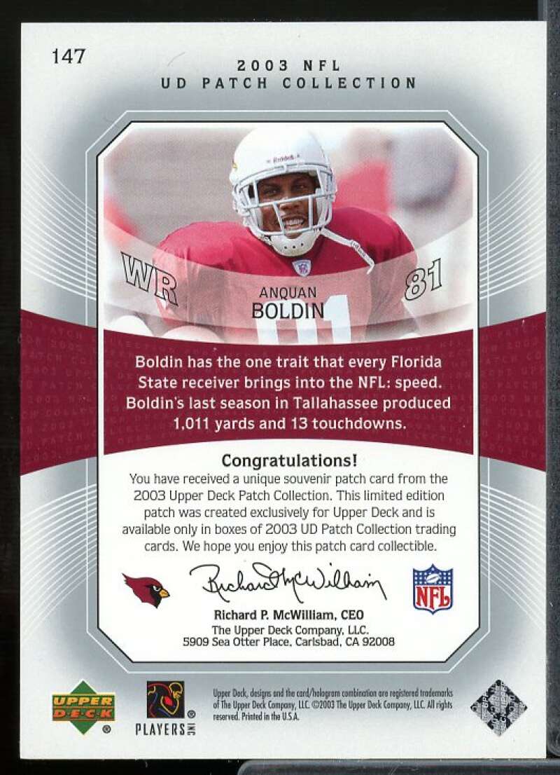 Anquan Boldin RI Rookie Card 2003 UD Patch Collection #147  Image 2