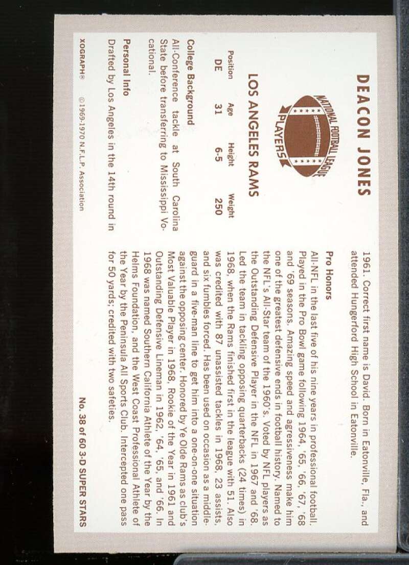 Deacon Jones Card 1970 Kellogg's #38  Image 2