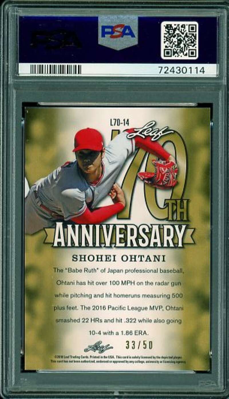 Shohei Ohtani Rookie Card 2018 Leaf 70th Anniversary Blue (#d to 50) #14 PSA 9 Image 2