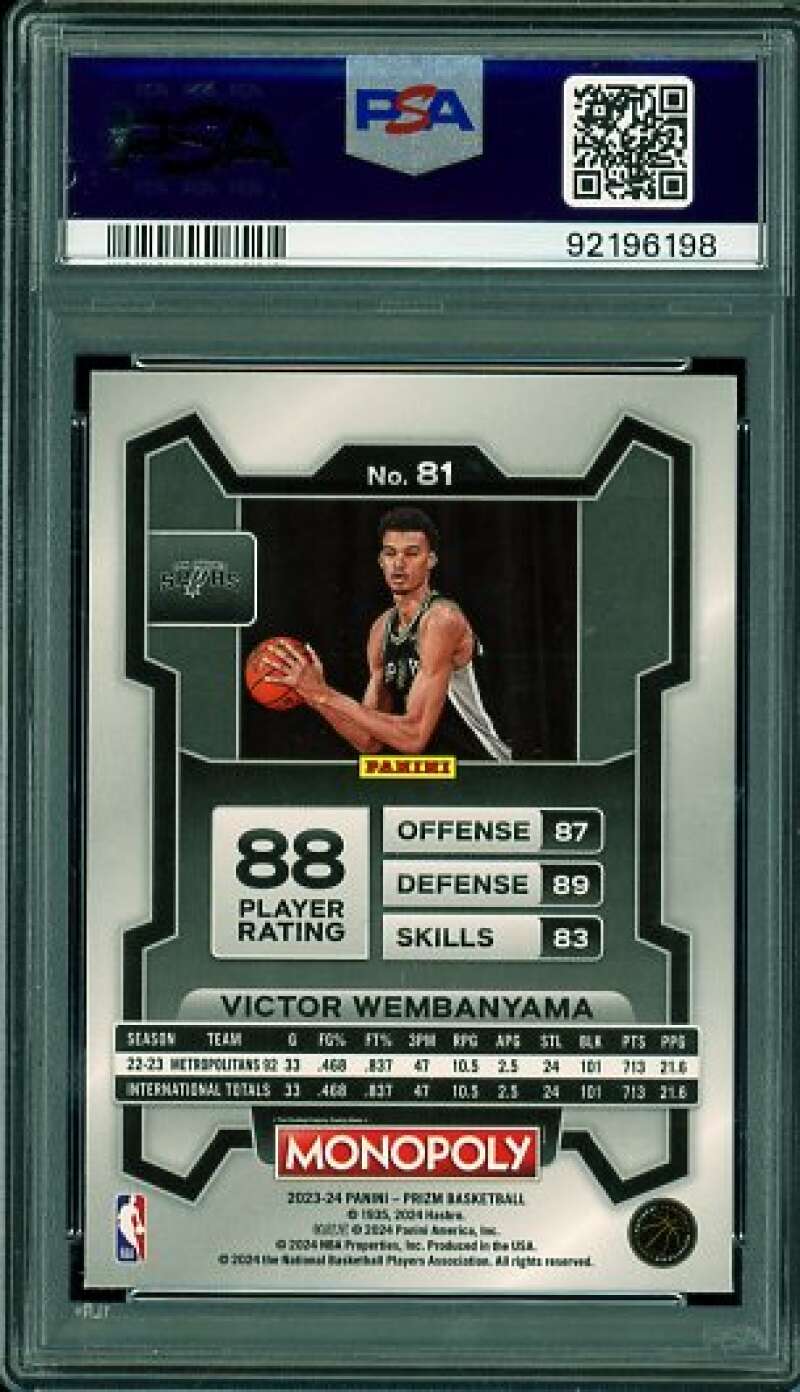Victor Wembanyama Rookie Card 2023-24 Prizm Monopoly #81 PSA 9 Image 2