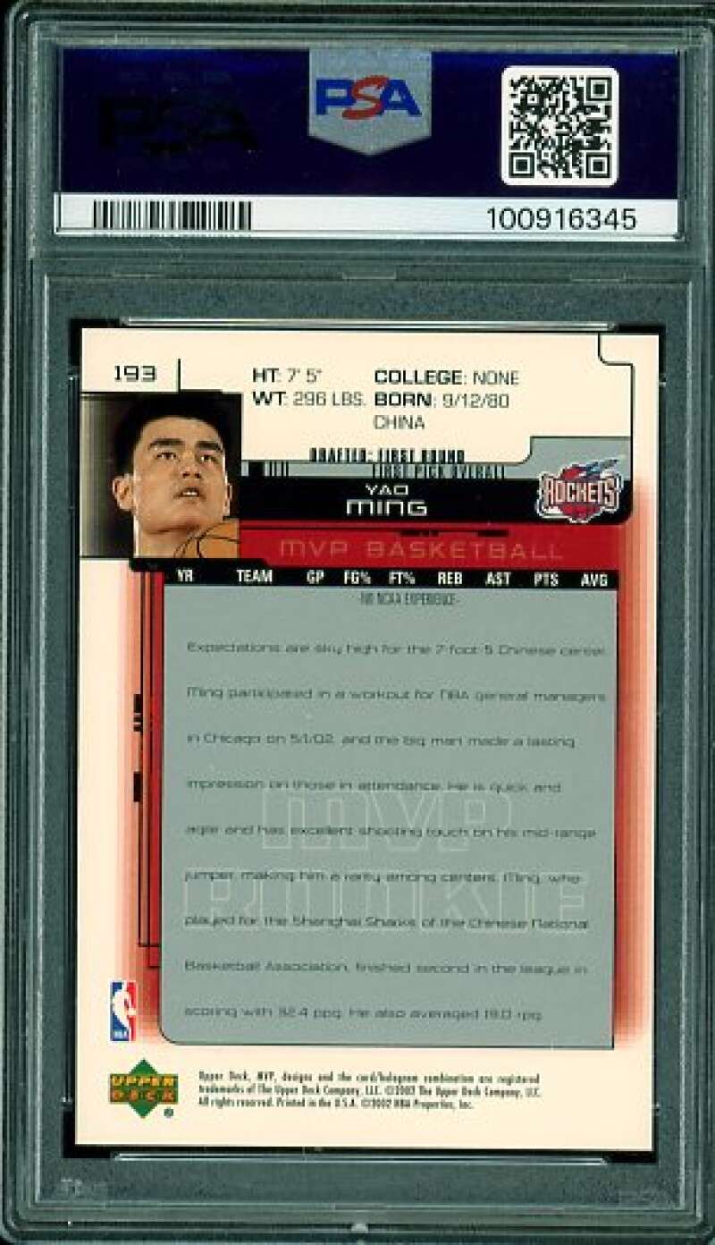 Yao Ming Rookie Card 2002-03 Upper Deck MVP #193 PSA 9 Image 2