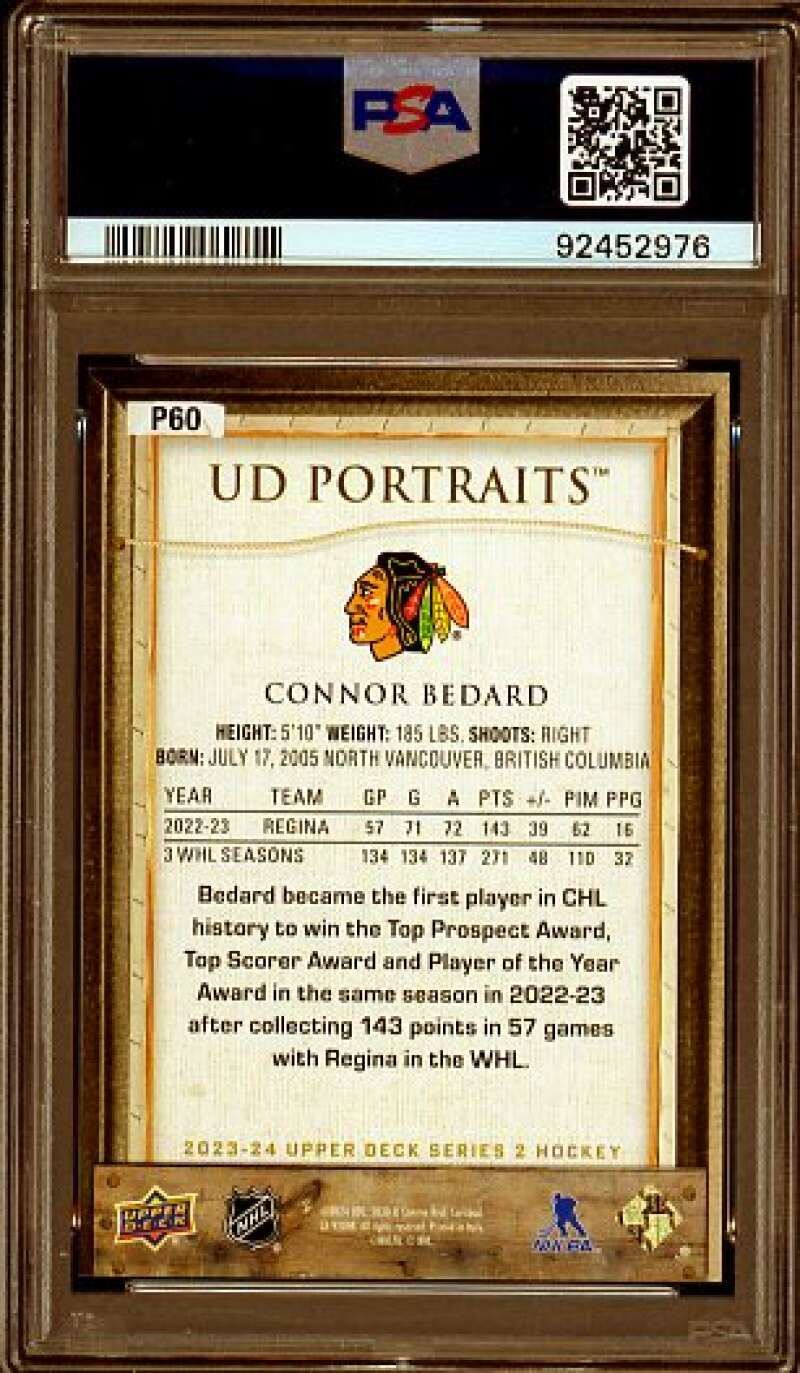 Connor Bedard Rookie Card 2023 Upper Deck #P60 PSA 10 Image 2