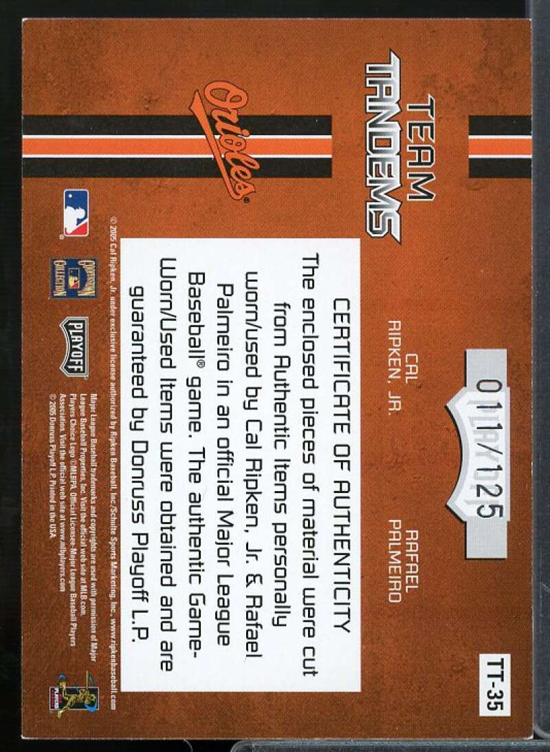 Palmeiro Jsy/Cal Ripken Jsy 2005 Absolute Memorabilia Team Tandems Swatch #TT35  Image 2