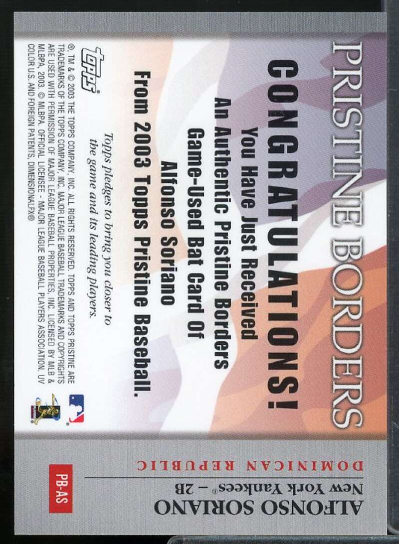 Alfonso Soriano Bat Card 2003 Topps Pristine Borders Relics #AS  Image 2