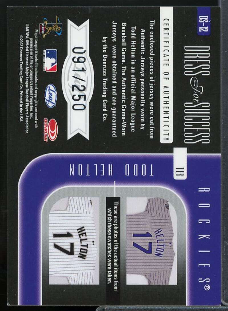 Todd Helton Jsy-Jsy Card 2002 Leaf Rookies Stars Dress for Success #12  Image 2