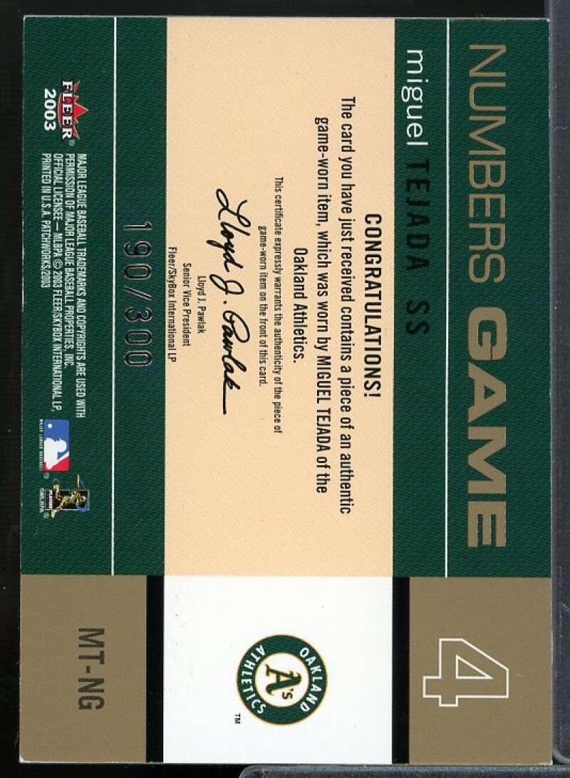 Miguel Tejada Card 2003 Fleer Patchworks Numbers Game Patch #MT  Image 2