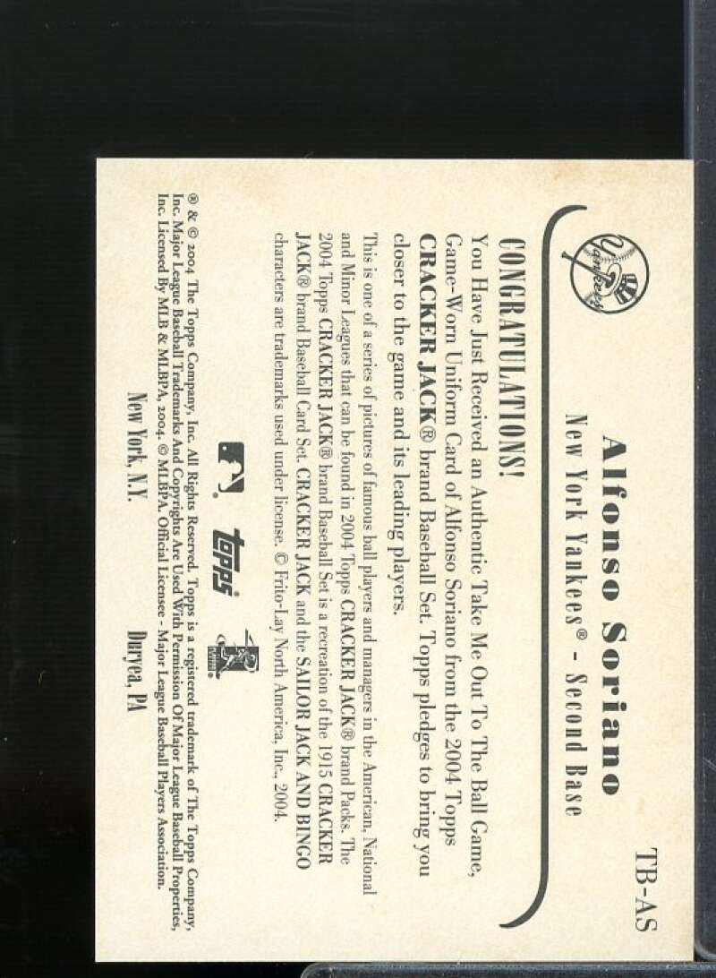 Alfonso Soriano Uni G 2004 Cracker Jack Take Me Out to the Ballgame Relics #AS  Image 2