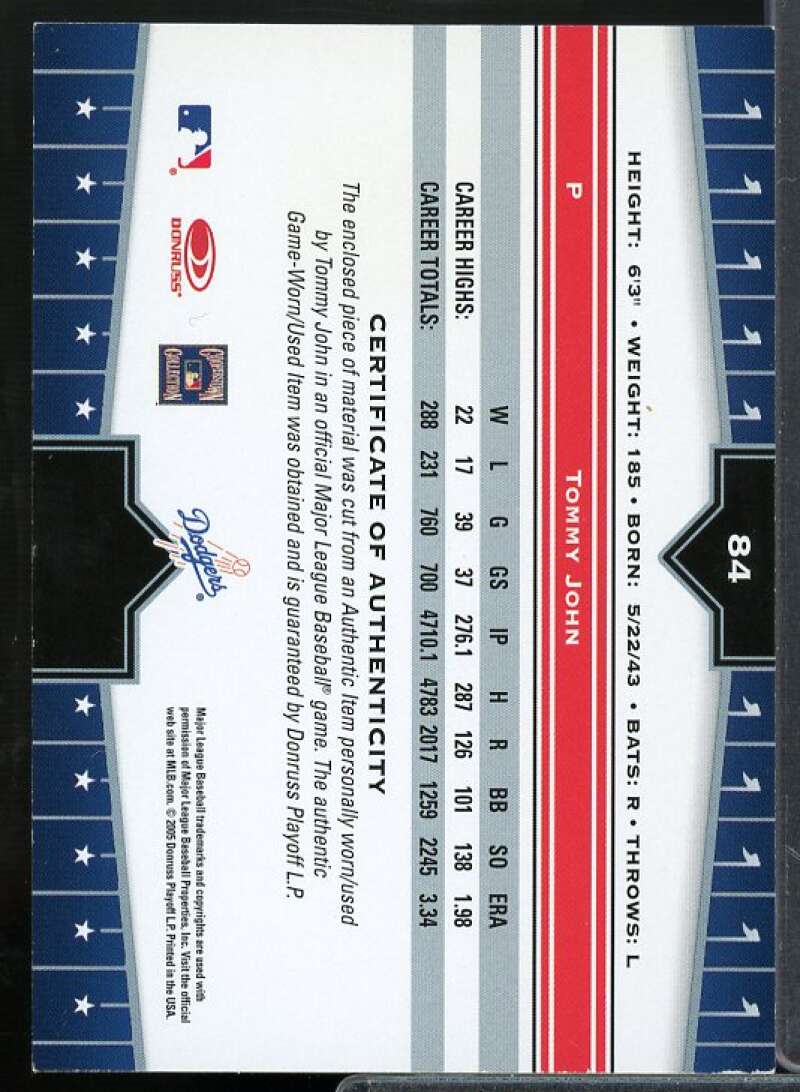 Tommy John Dgr Bat T5 Card 2005 Donruss Champions Impressions Material #84  Image 2