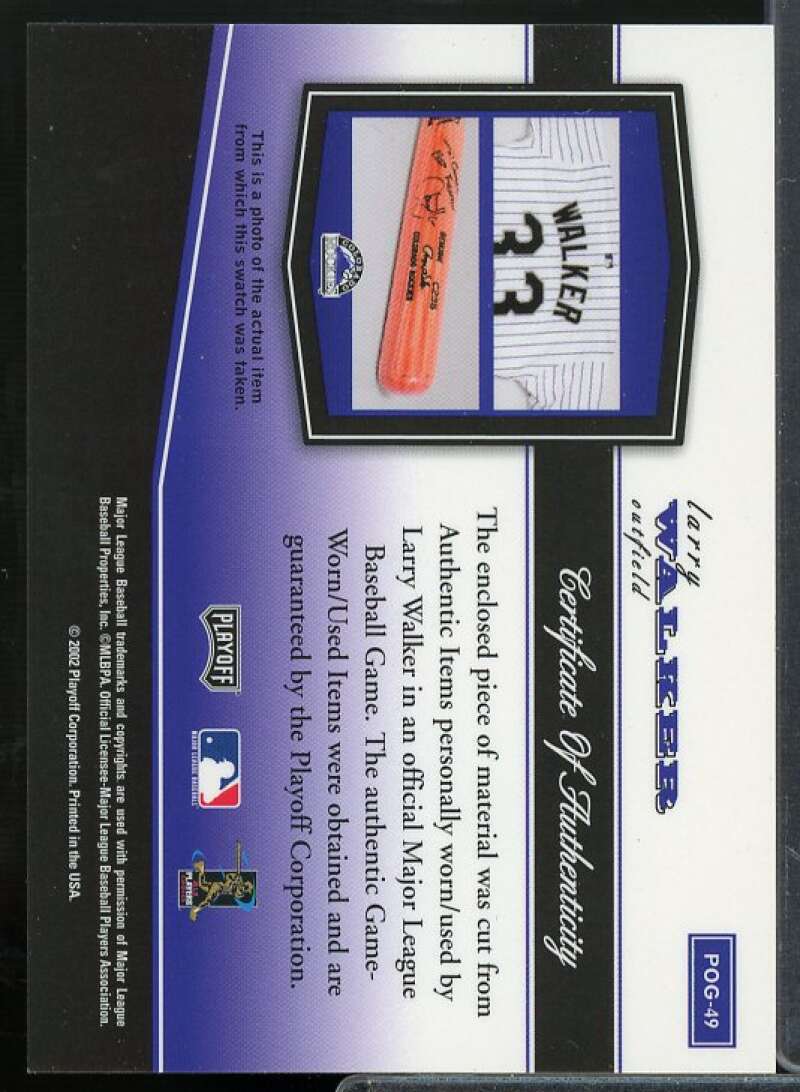 Larry Walker Jsy Card 2002 Playoff Piece of the Game Materials #49A  Image 2