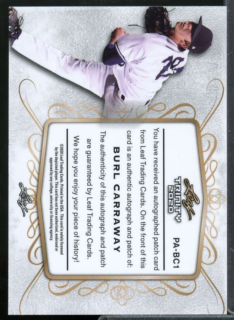 Burl Carraway Rookie Card 2020 Leaf Trinity Patch Autographs #PABC1  Image 2