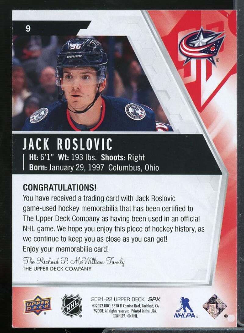 Jack Roslovic Card 2021-22 SPx Base Jerseys #9  Image 2