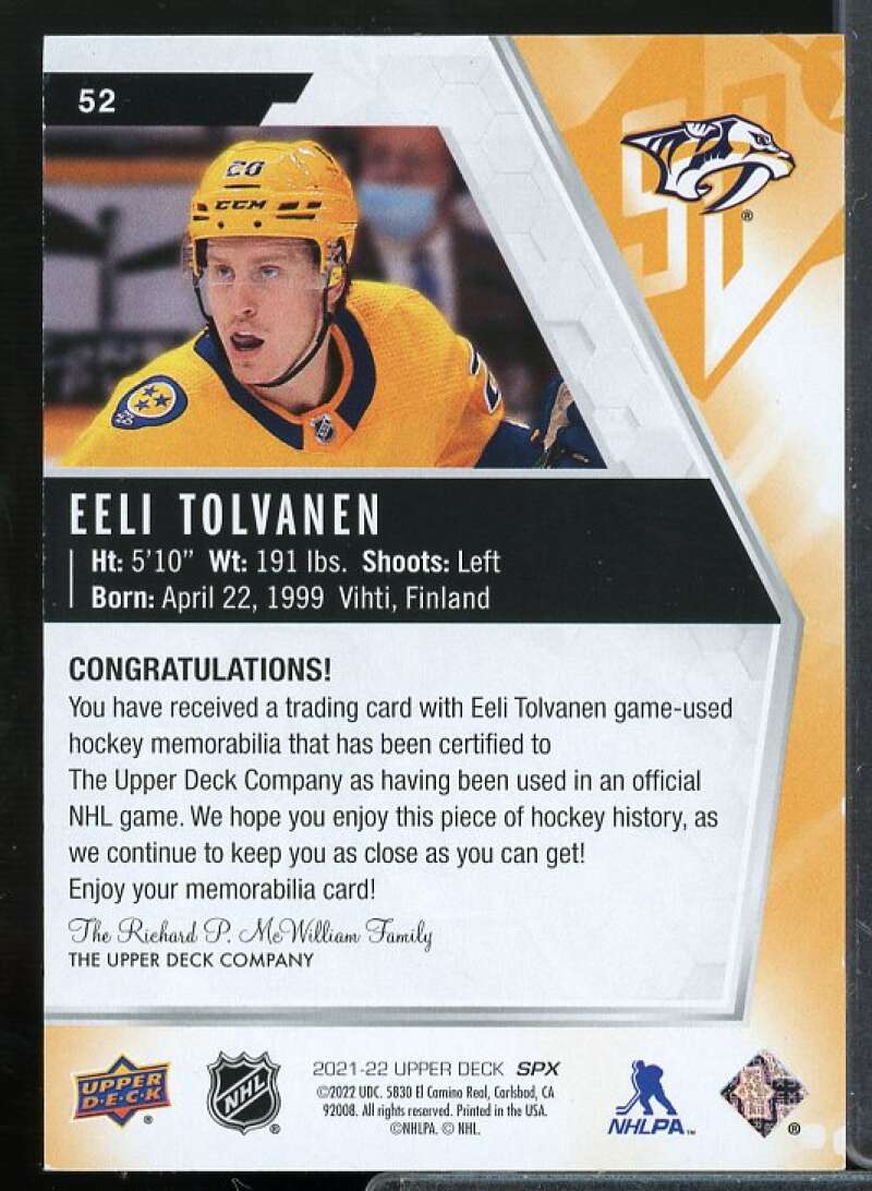 Eeli Tolvanen Card 2021-22 SPx Base Jerseys #52  Image 2