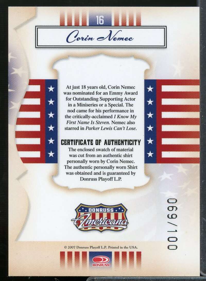 Corin Nemec Shirt Card 2007 Americana Stars Material Silver Proofs #16  Image 2