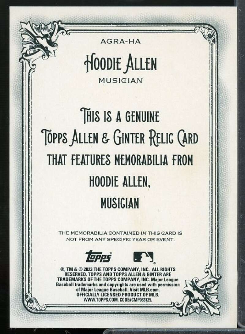 Hoodie Allen Card 2023 Topps Allen and Ginter Relics #AGRAHA  Image 2