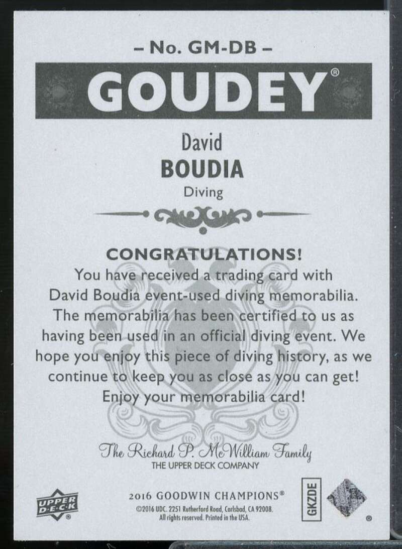 David Boudia A Card 2016 Upper Deck Goodwin Champions Goudey Memorabilia #GMDB  Image 2