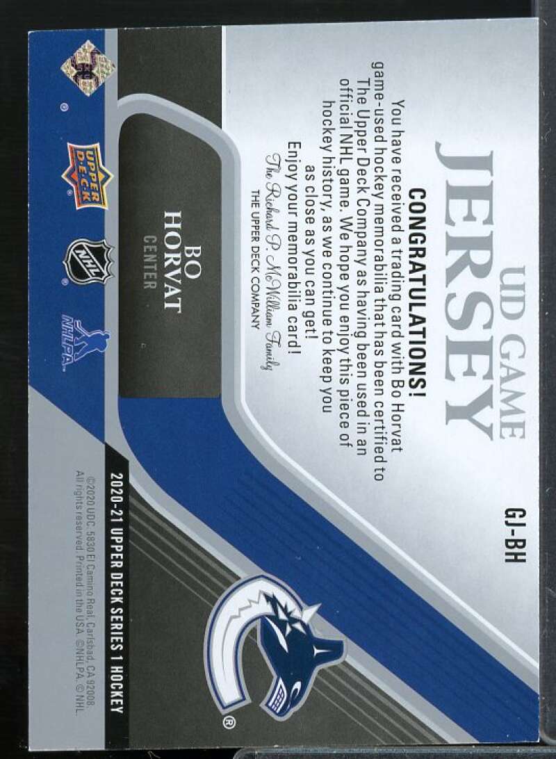Bo Horvat Card 2020-21 Upper Deck Game Jerseys #GJBH  Image 2