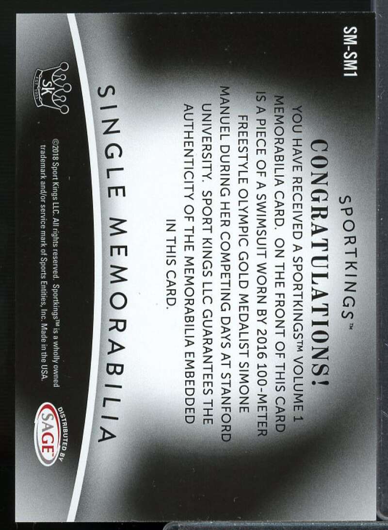 Simone Manuel Card 2018 Sportkings Single Memorabilia #SMSM1  Image 2