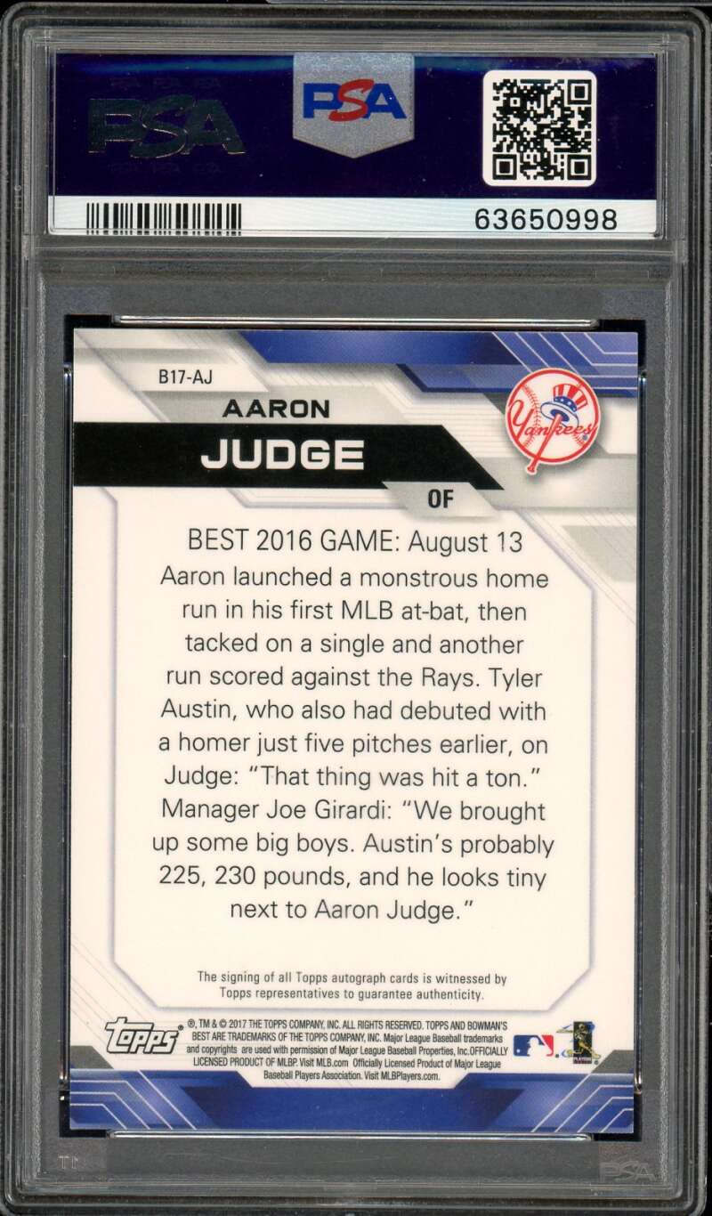 Aaron Judge Rookie 2017 Bowman's Best Auto Atomic Refractor (20/25) #17AJ PSA 10 Image 2