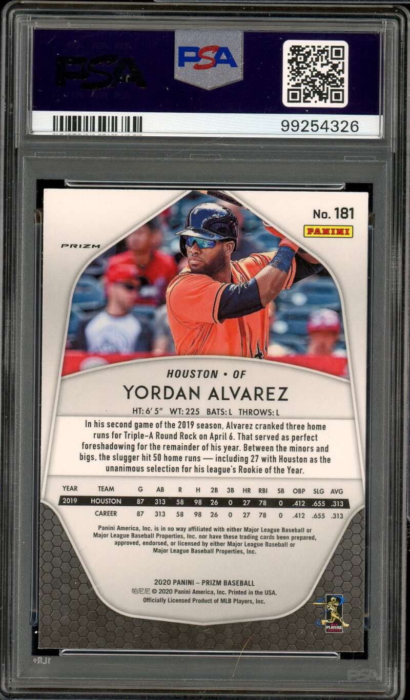 Yordan Alvarez Rookie Card 2020 Panini Prizm Red/White/Blue Prizm #181 PSA 10 Image 2