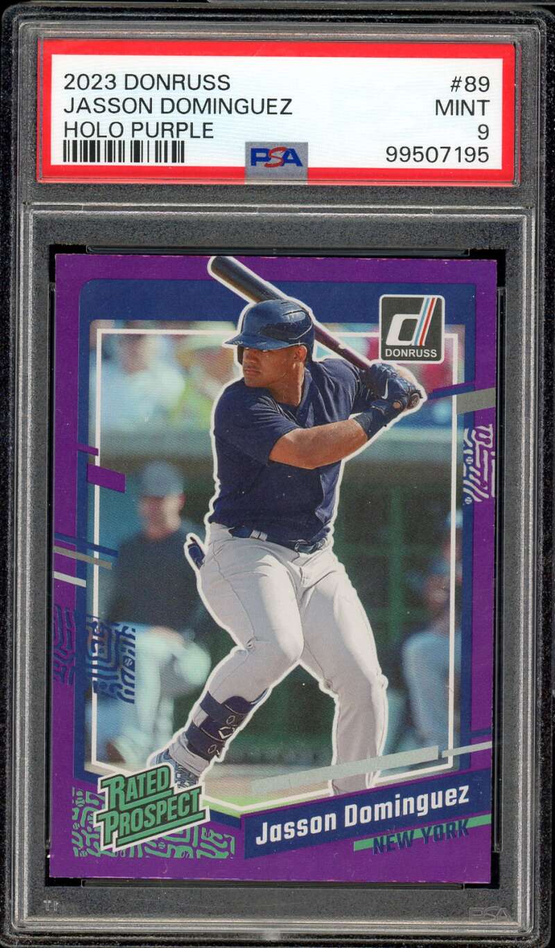 Jasson Dominguez Rookie Card 2023 Donruss Holo Purple #89 PSA 9 Image 1