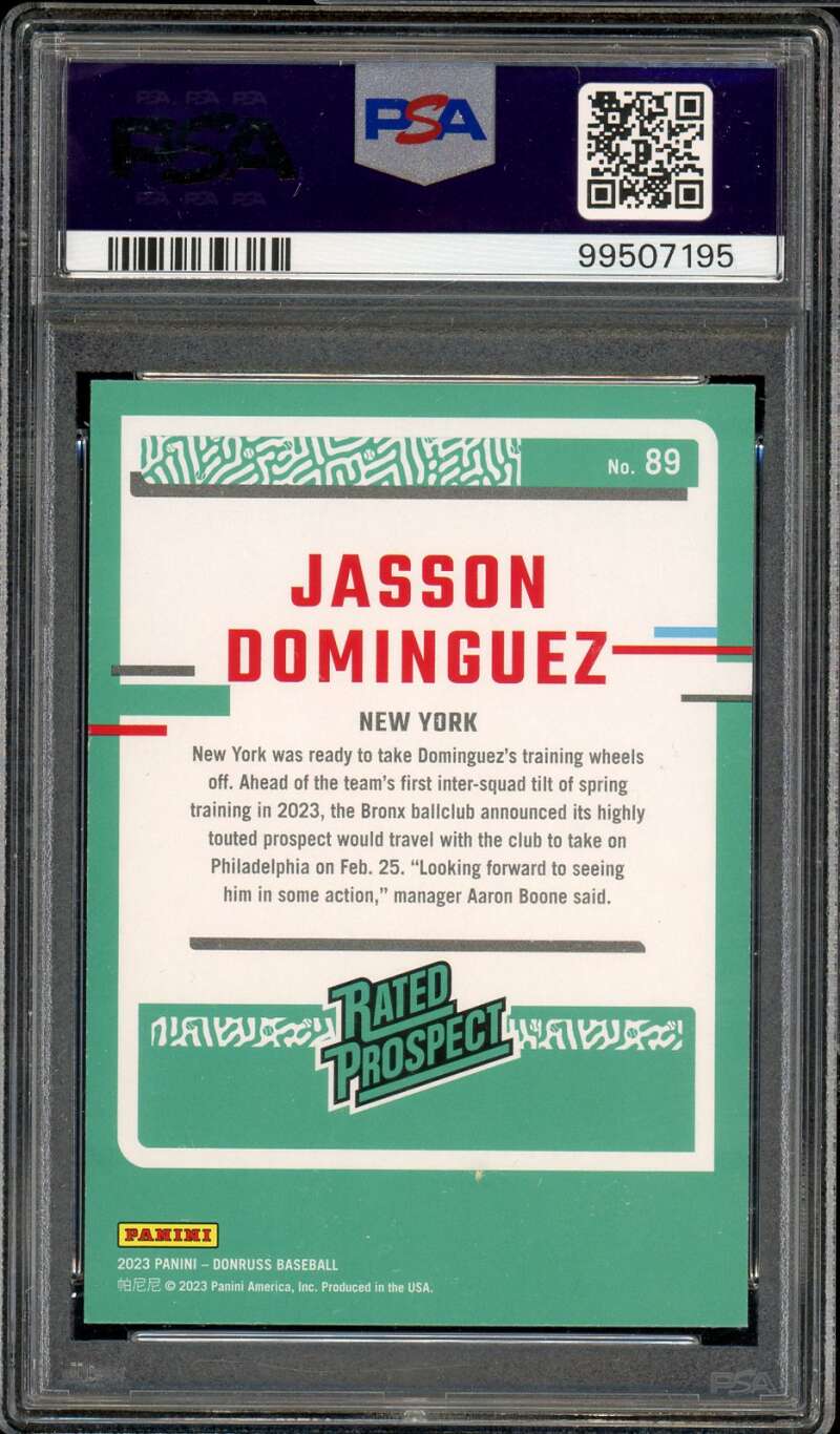 Jasson Dominguez Rookie Card 2023 Donruss Holo Purple #89 PSA 9 Image 2