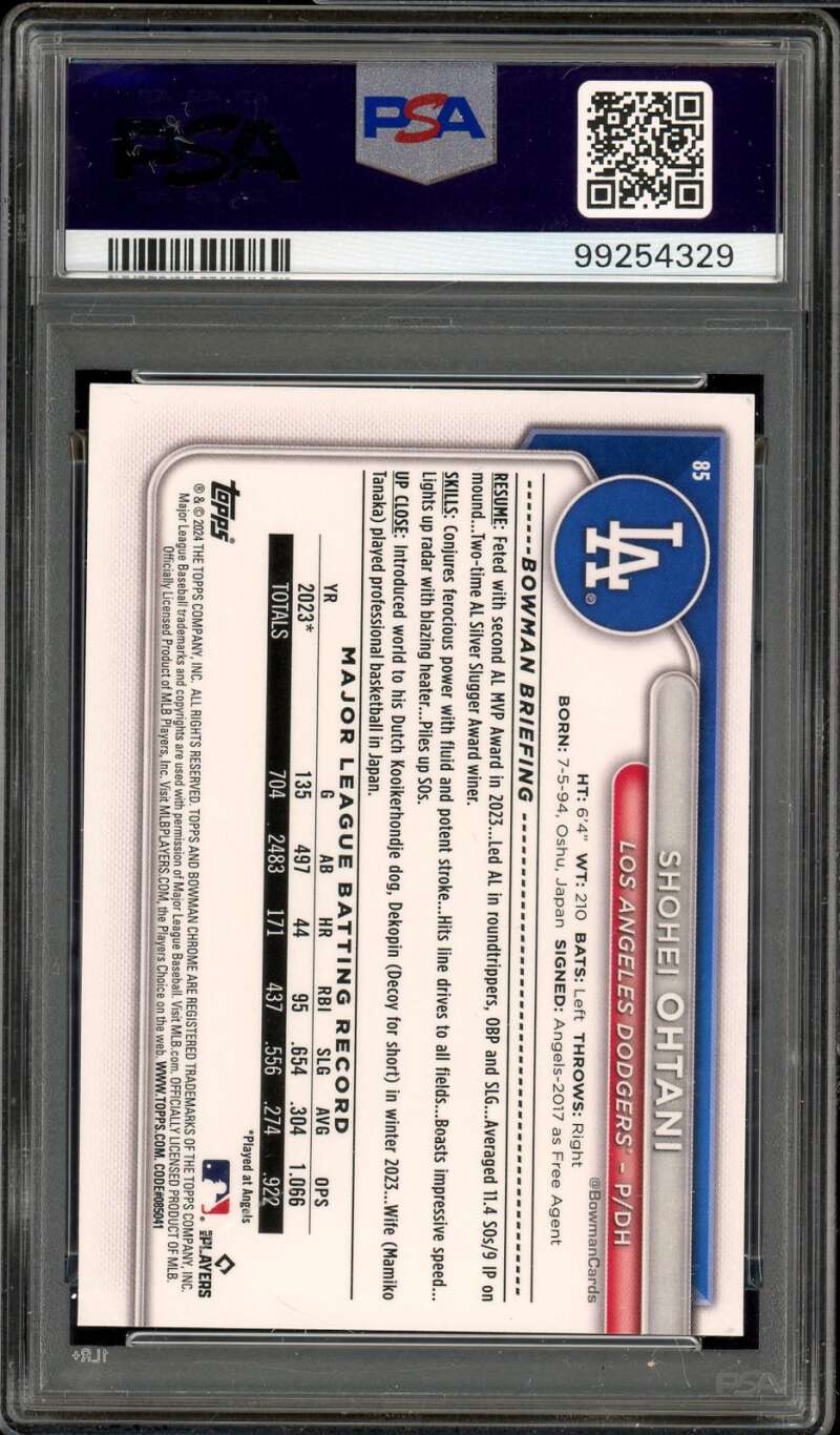 Shohei Ohtani Card 2024 Bowman Chrome #85 PSA 10 Image 2